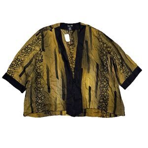Simply Silk NEW Kimono Jacket Asian Art Yellow Gold Black 3X Boho Luxe Plus Size